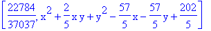 [22784/37037, x^2+2/5*x*y+y^2-57/5*x-57/5*y+202/5]